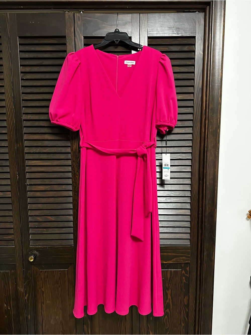 Calvin Klein Fuchsia V-Neck Puff Sleeve Midi Dress